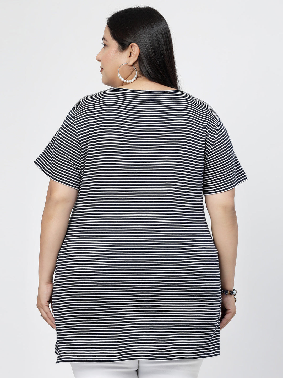 Round Neck Short Sleeves Striped Cotton Regular Fit Plus Size T-shirt