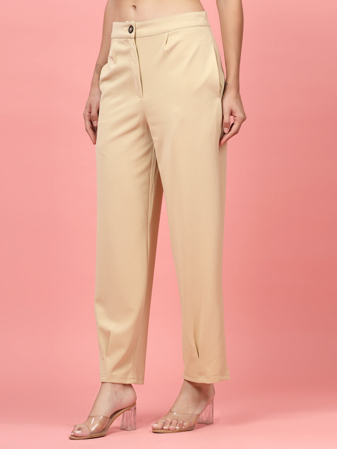 Women Beige Regular Fit Mid-Rise Parallel Trousers