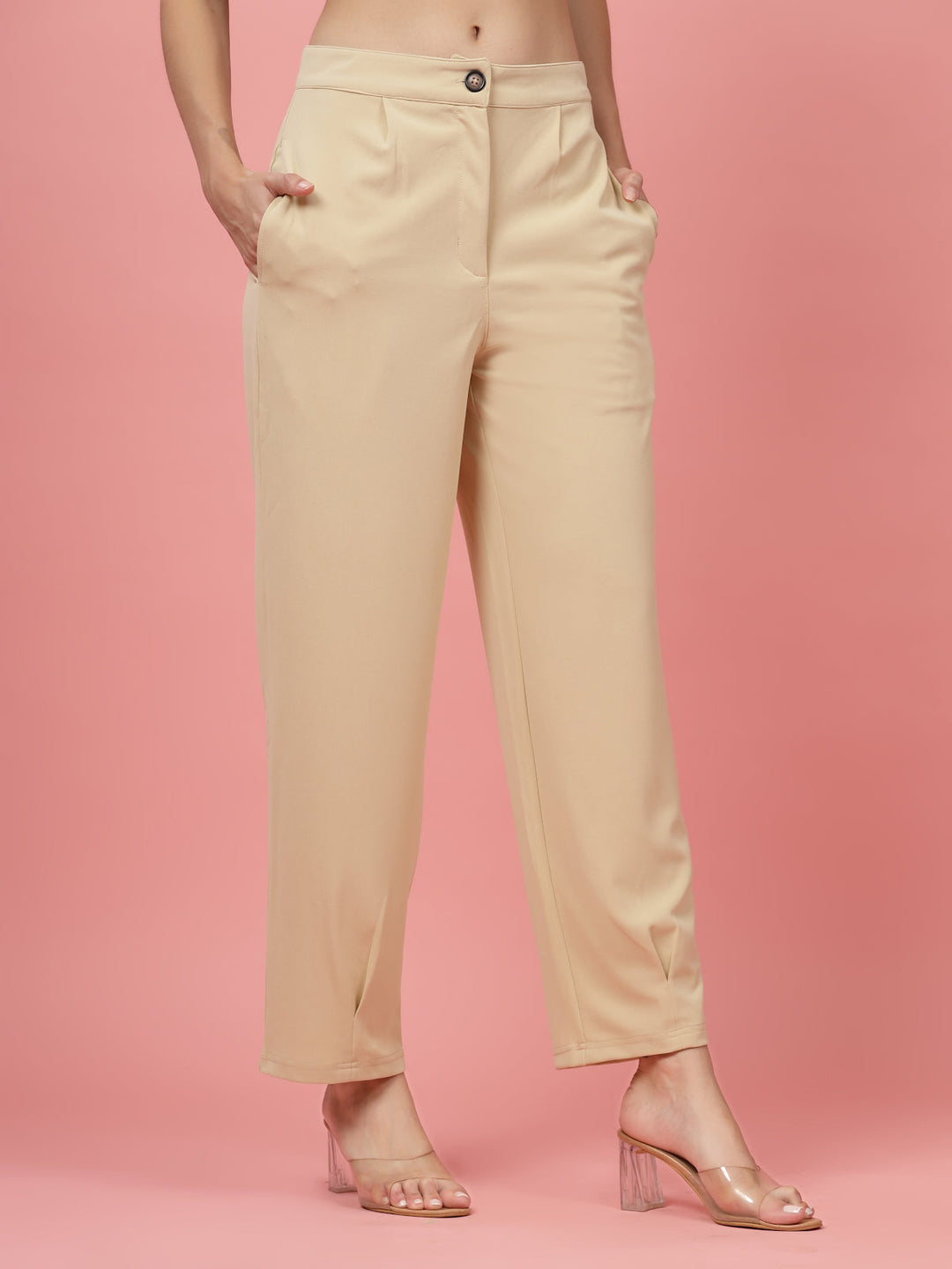 Women Beige Regular Fit Mid-Rise Parallel Trousers