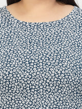 BlueWhite Floral Printed Round Neck Cotton T-shirt