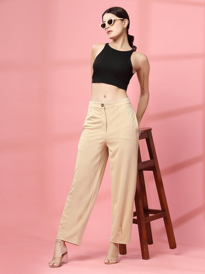 Women Beige Regular Fit Mid-Rise Parallel Trousers