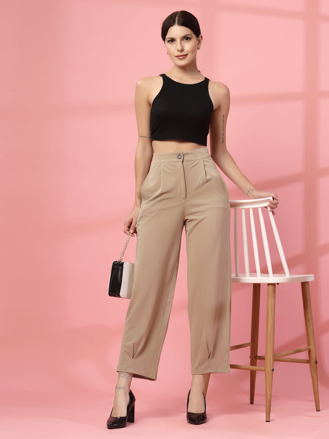 Women Nude Regular Fit Mid-Rise Parallel Trousers