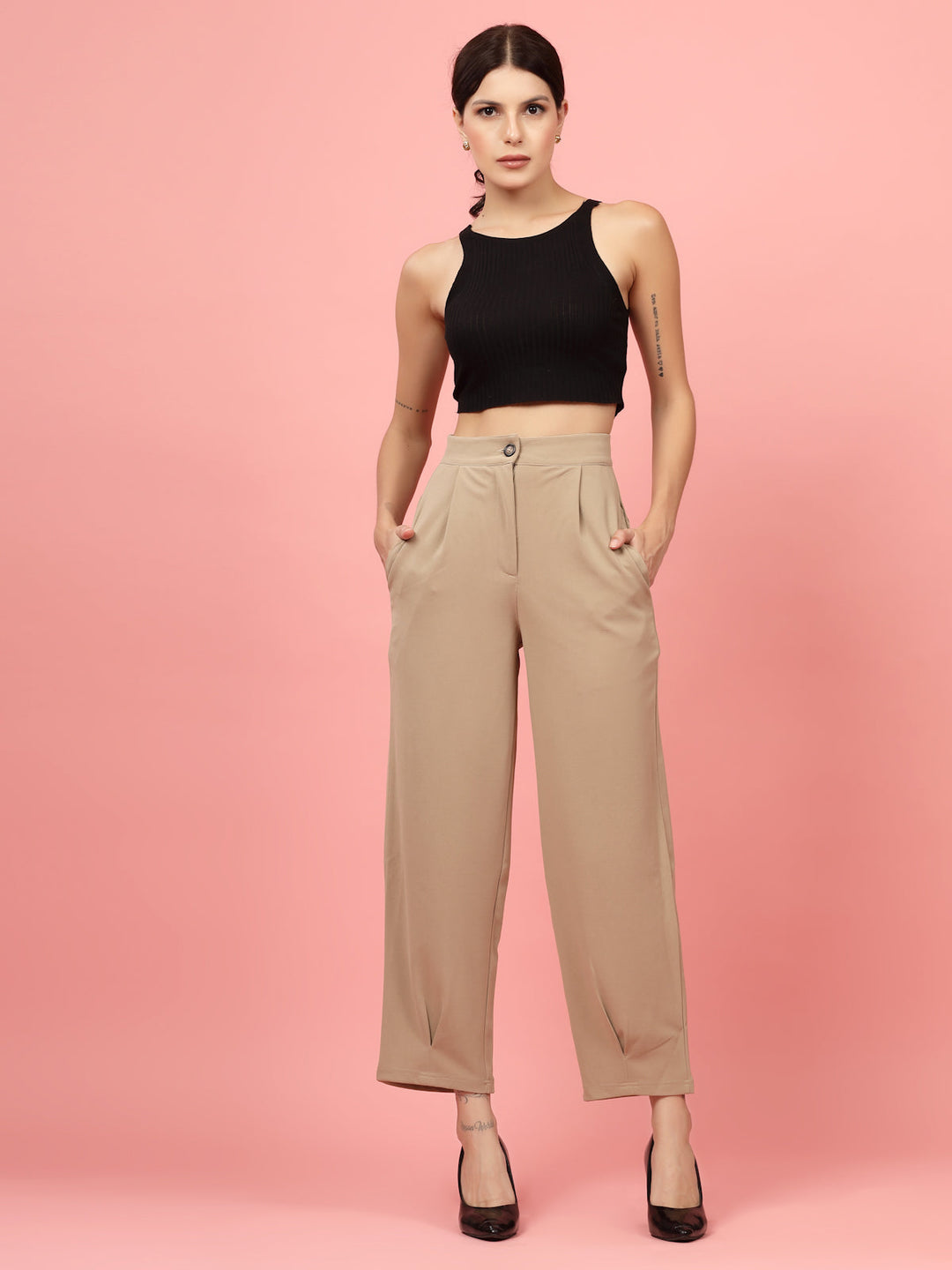 Women Nude Regular Fit Mid-Rise Parallel Trousers