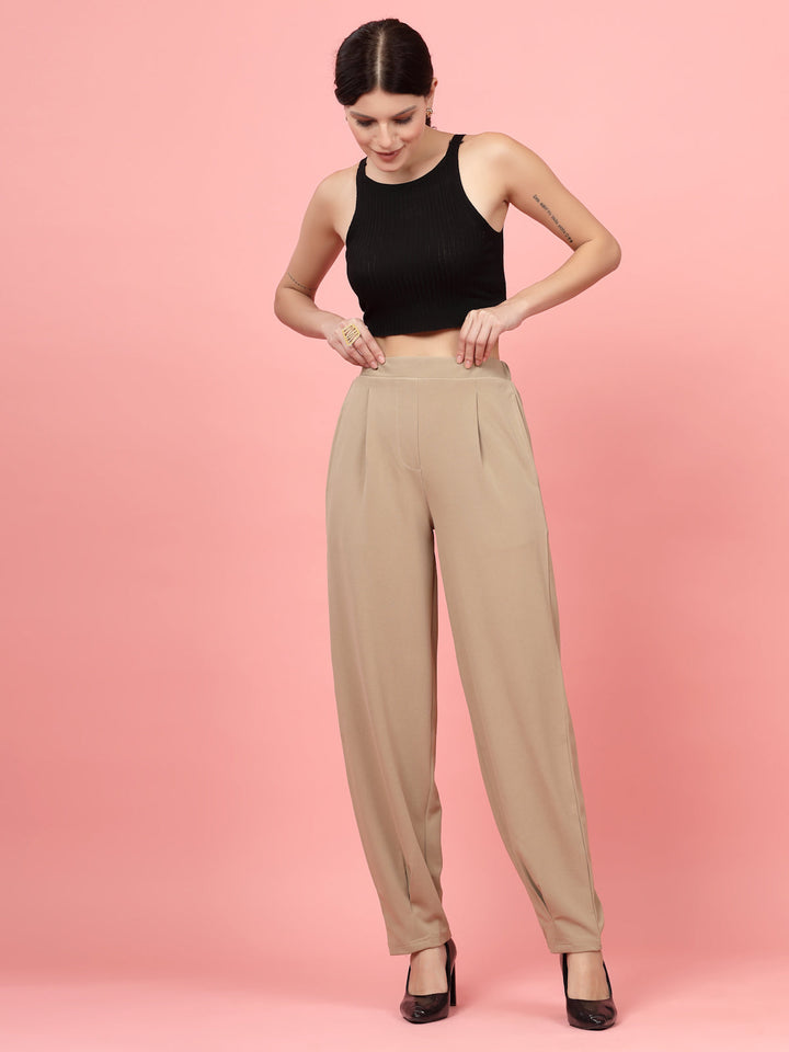 Women Nude Regular Fit Mid-Rise Pleated Trousers