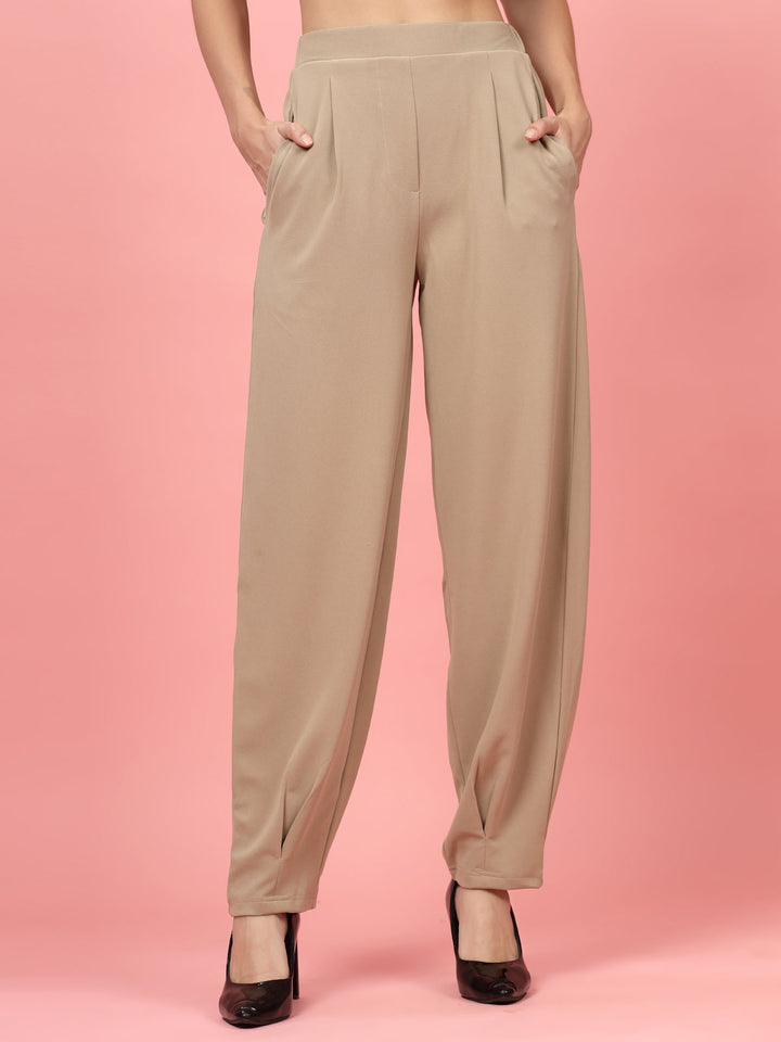 Women Nude Regular Fit Mid-Rise Pleated Trousers