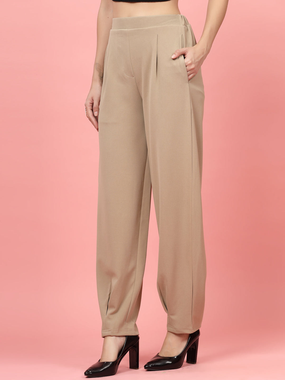 Women Nude Regular Fit Mid-Rise Pleated Trousers