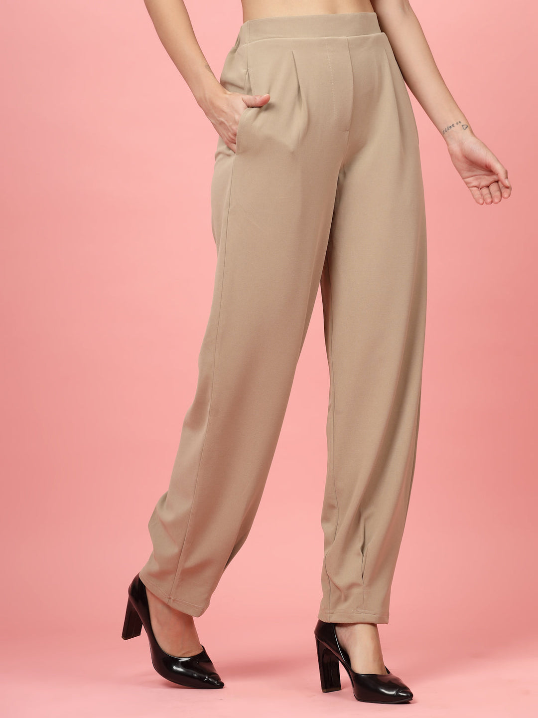 Women Nude Regular Fit Mid-Rise Pleated Trousers