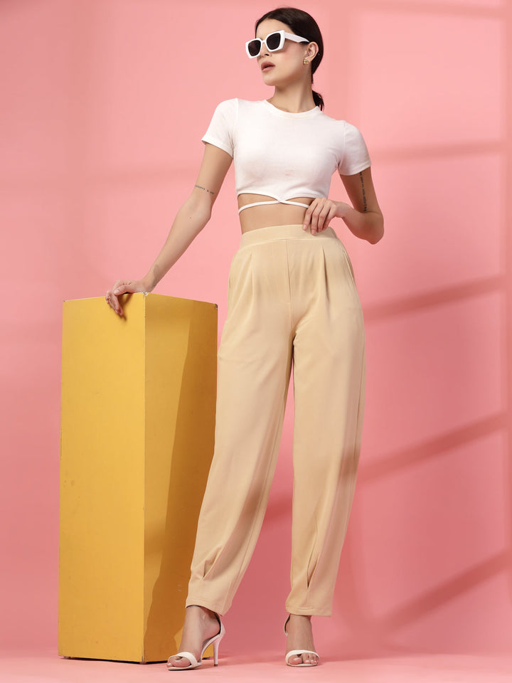 Women Beige Regular Fit Mid-Rise Pleated Trousers