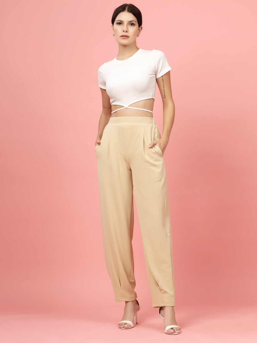 Women Beige Regular Fit Mid-Rise Pleated Trousers