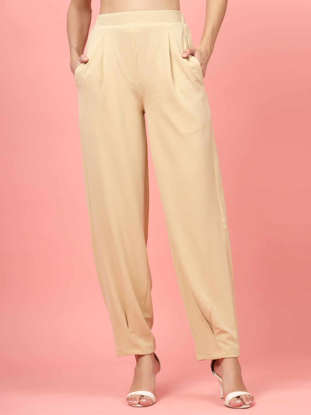 Women Beige Regular Fit Mid-Rise Pleated Trousers