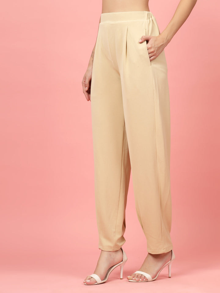 Women Beige Regular Fit Mid-Rise Pleated Trousers