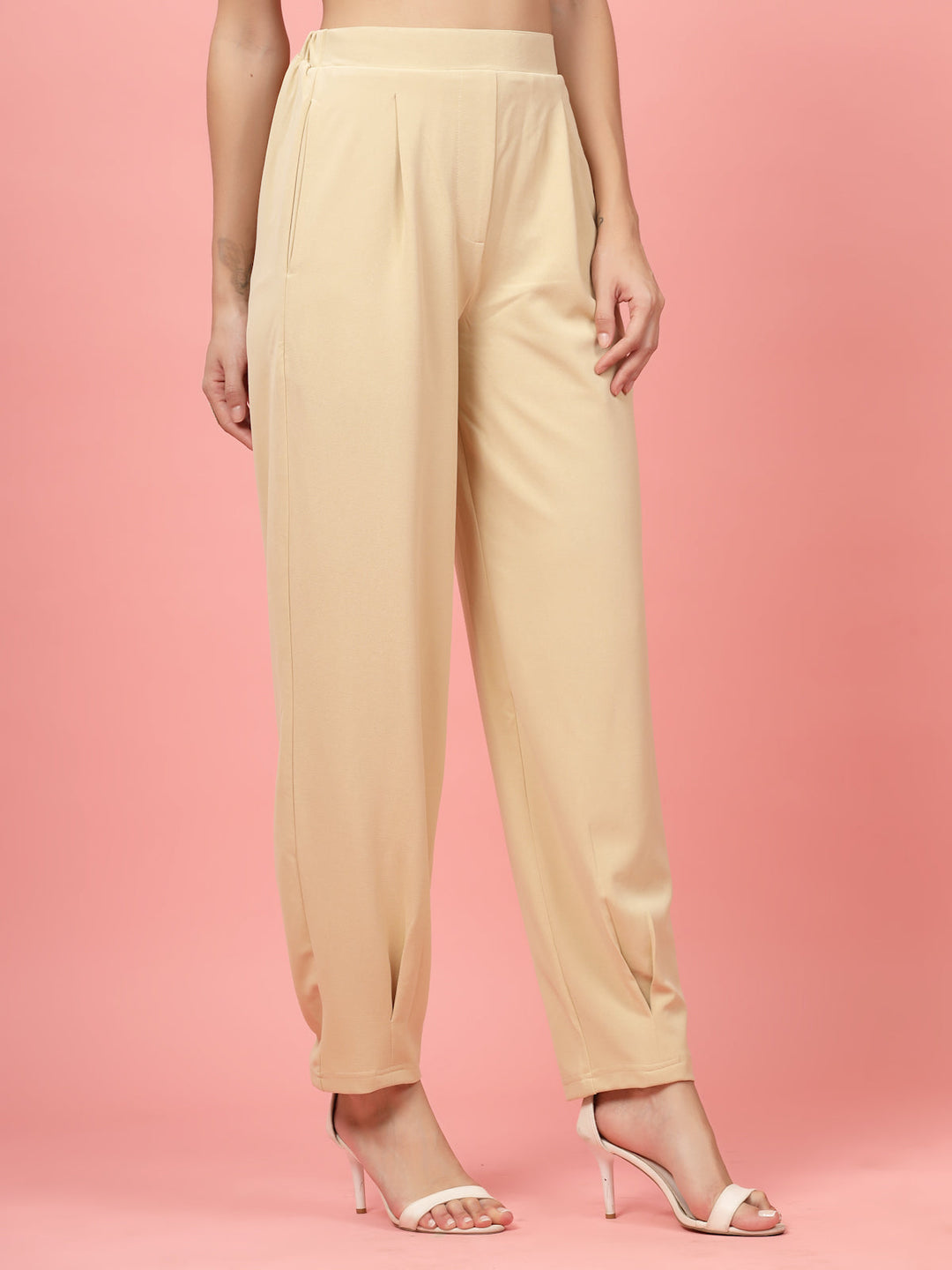 Women Beige Regular Fit Mid-Rise Pleated Trousers