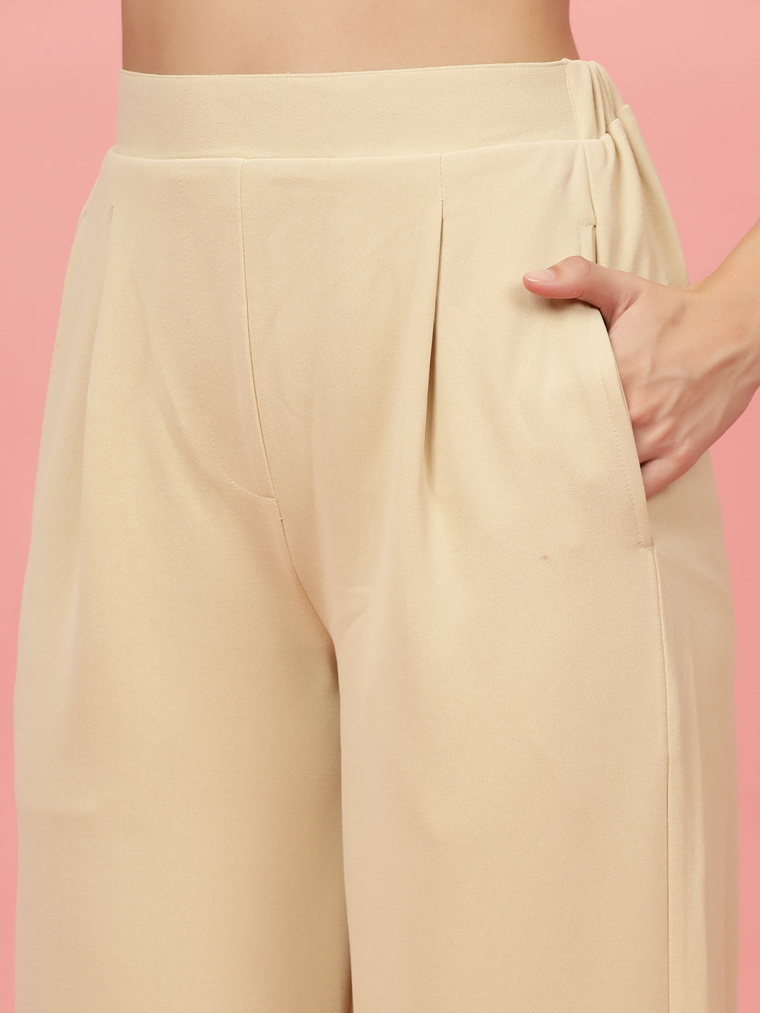 Women Beige Regular Fit Mid-Rise Pleated Trousers