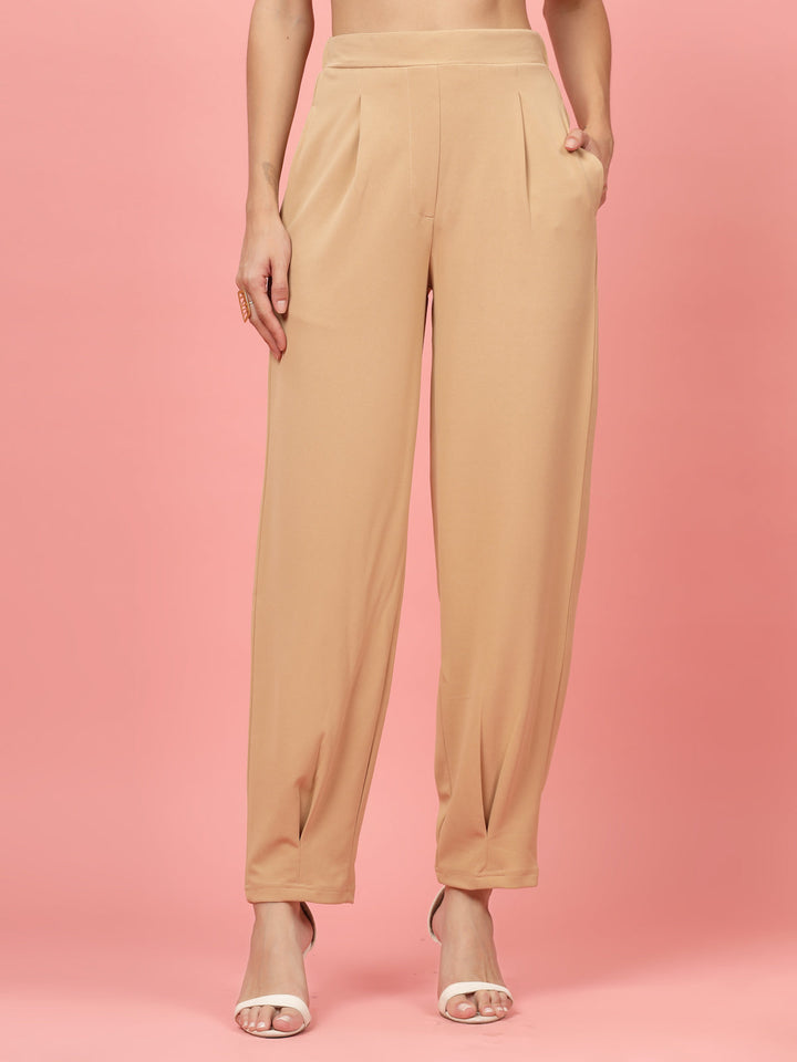 Women Nude Regular Fit Mid-Rise Pleated Trousers