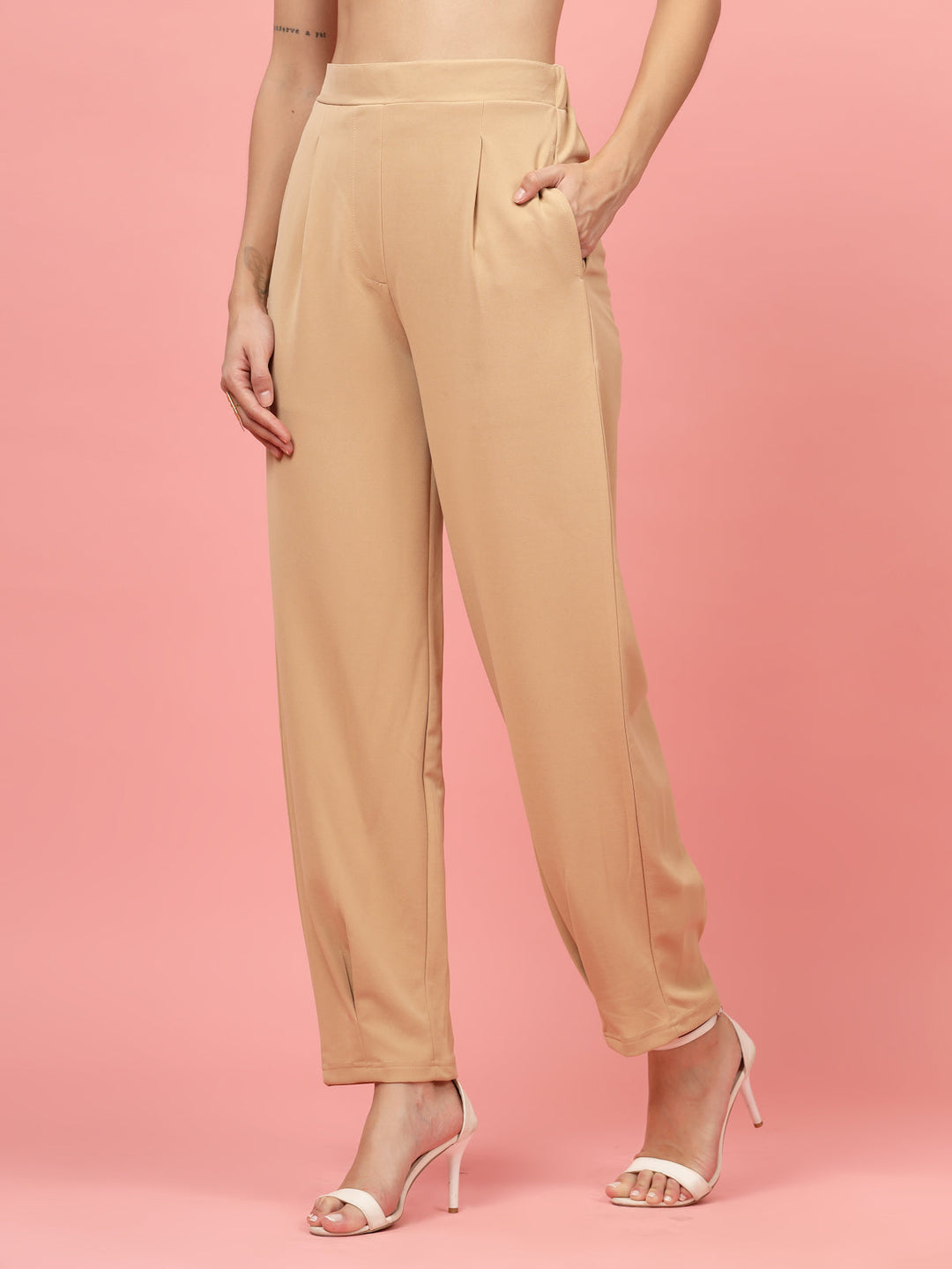 Women Nude Regular Fit Mid-Rise Pleated Trousers