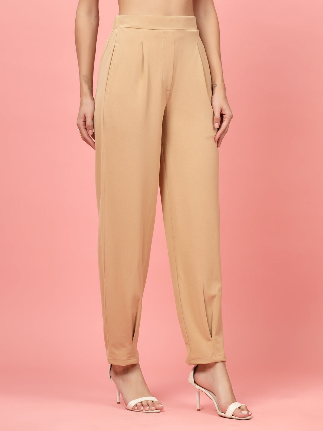 Women Nude Regular Fit Mid-Rise Pleated Trousers