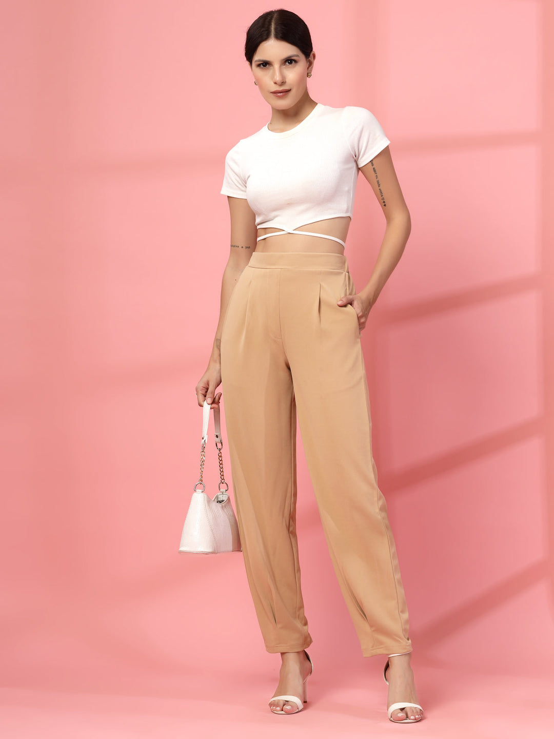 Women Nude Regular Fit Mid-Rise Pleated Trousers