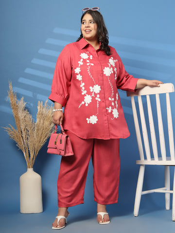 Plus Size Embroidered Spread Collar Shirt & Trouser