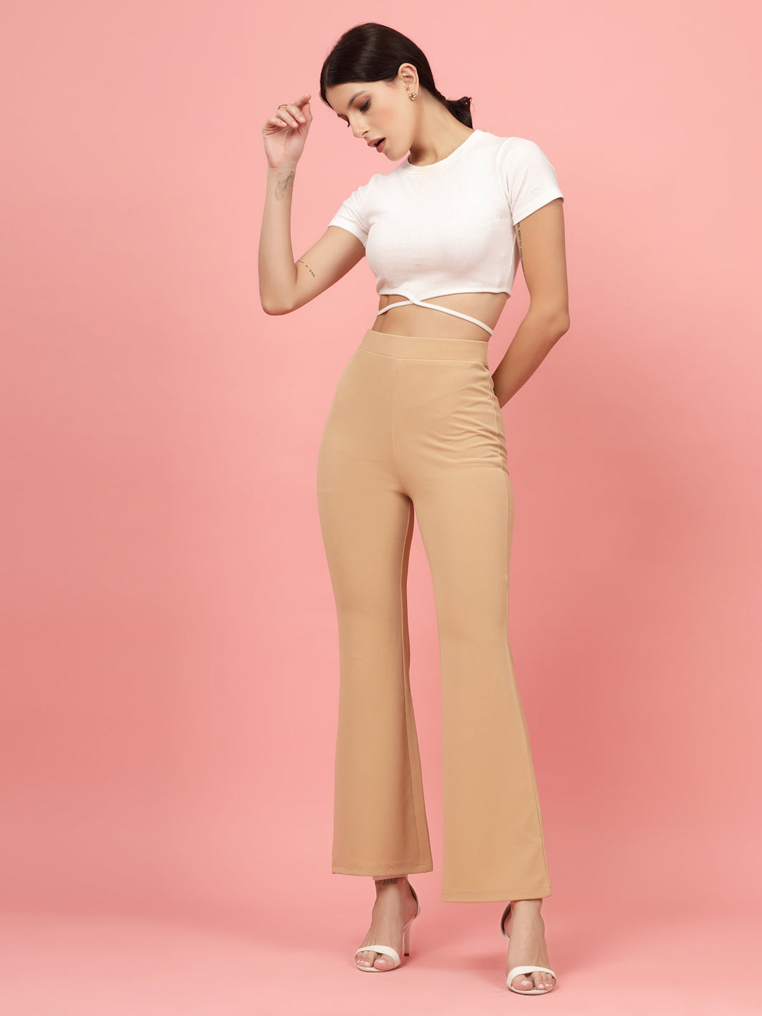 Women Nude Bootcut Regular Fit High-Rise Trousers