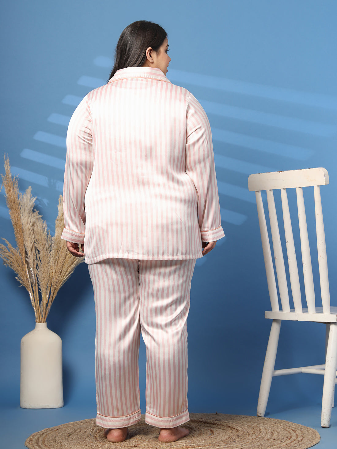 Plus Size Striped Lapel Collar Shirt & Pyjamas Night suit