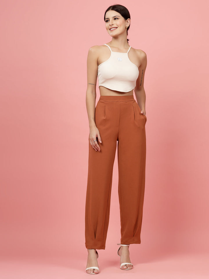 Women Rust Regular Fit Mid-Rise Pleated Trousers