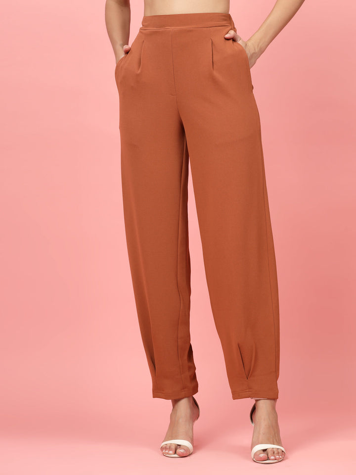 Women Rust Regular Fit Mid-Rise Pleated Trousers