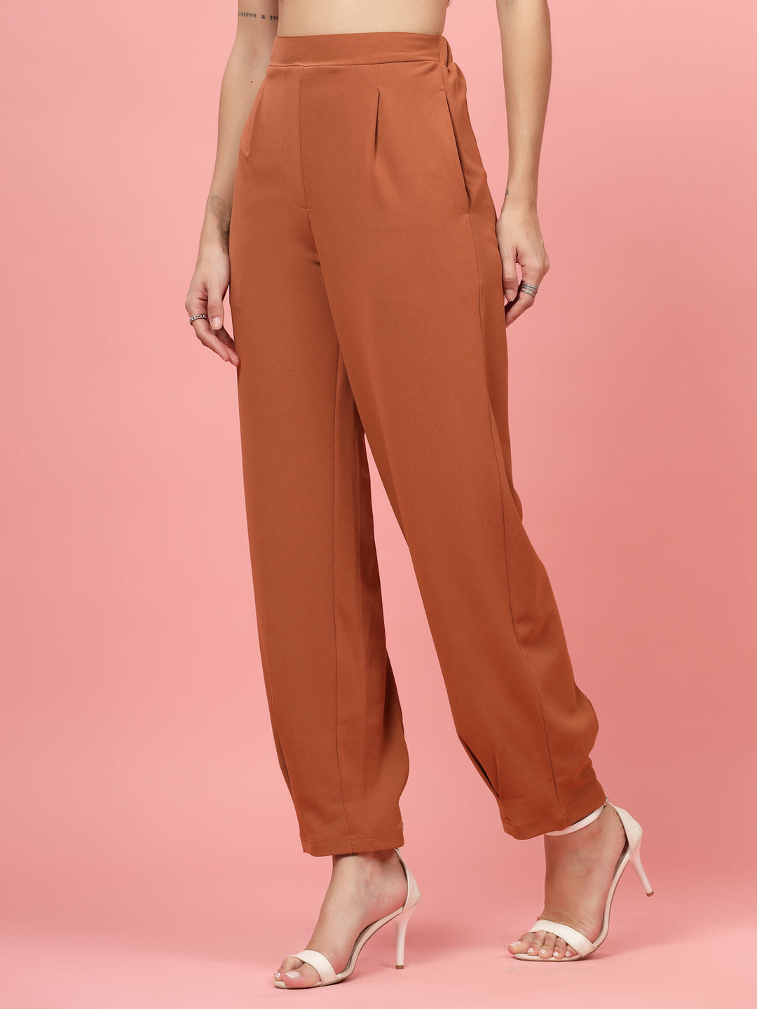 Women Rust Regular Fit Mid-Rise Pleated Trousers