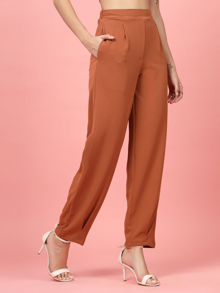 Women Rust Regular Fit Mid-Rise Pleated Trousers