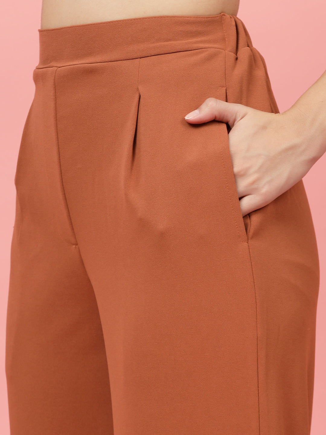 Women Rust Regular Fit Mid-Rise Pleated Trousers