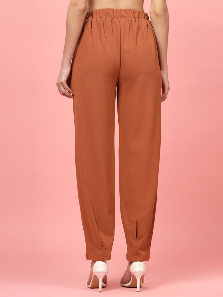 Women Rust Regular Fit Mid-Rise Pleated Trousers