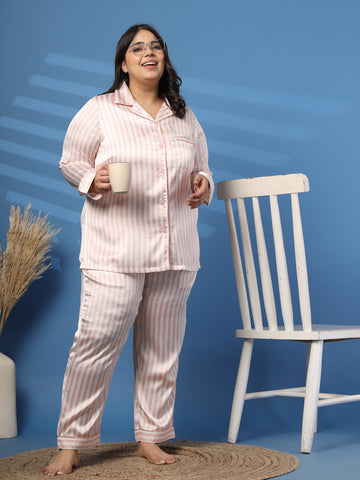 Plus Size Striped Lapel Collar Shirt & Pyjamas Night suit
