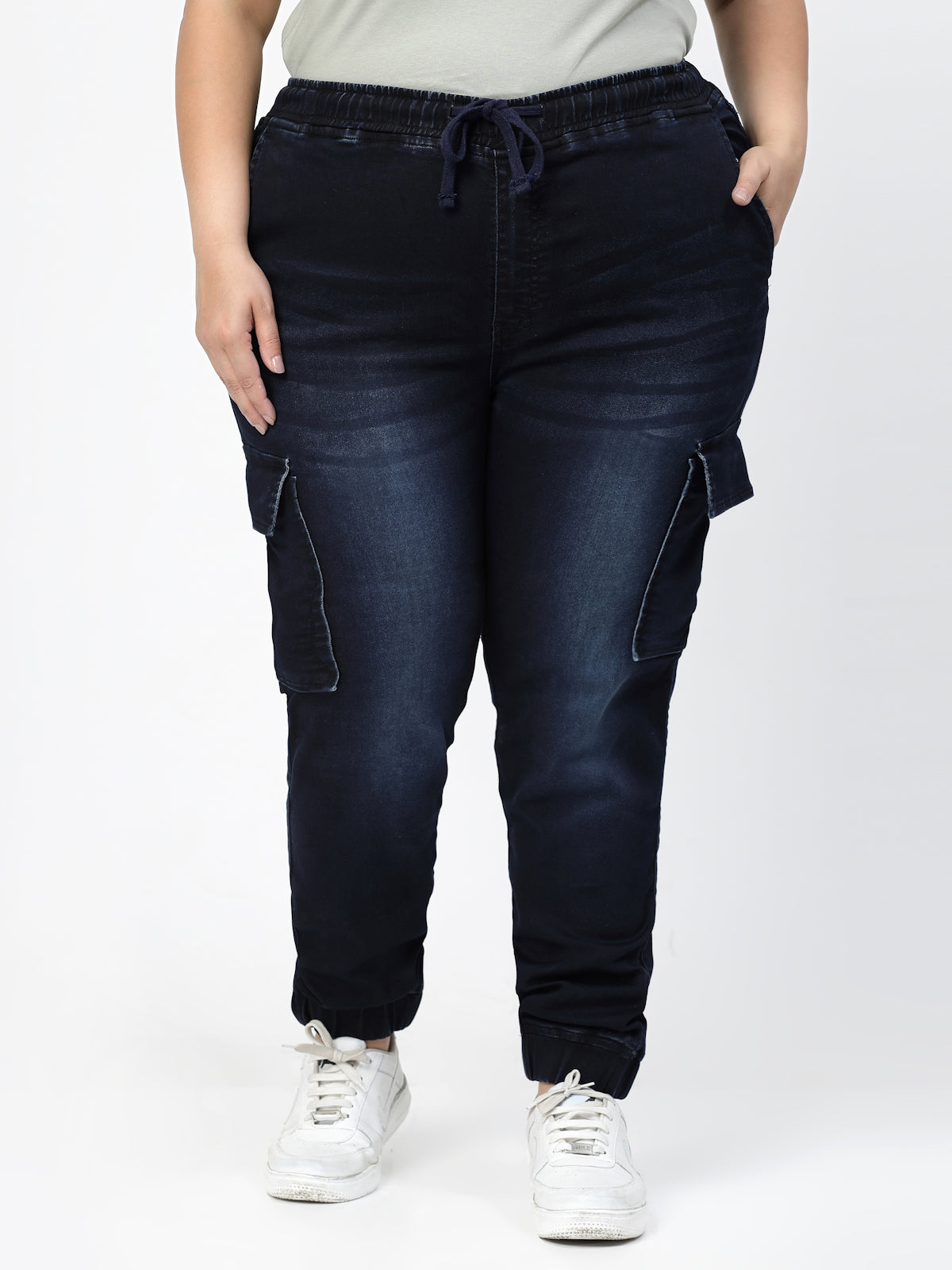 Plus Size Women Jogger Light Fade Stretchable Cargo Jeans