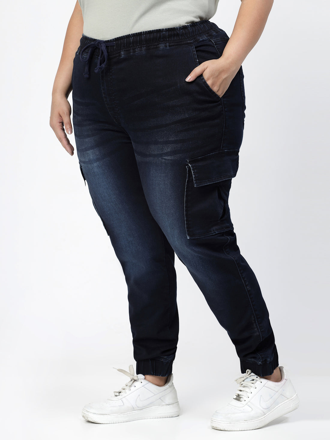 Plus Size Women Jogger Light Fade Stretchable Cargo Jeans