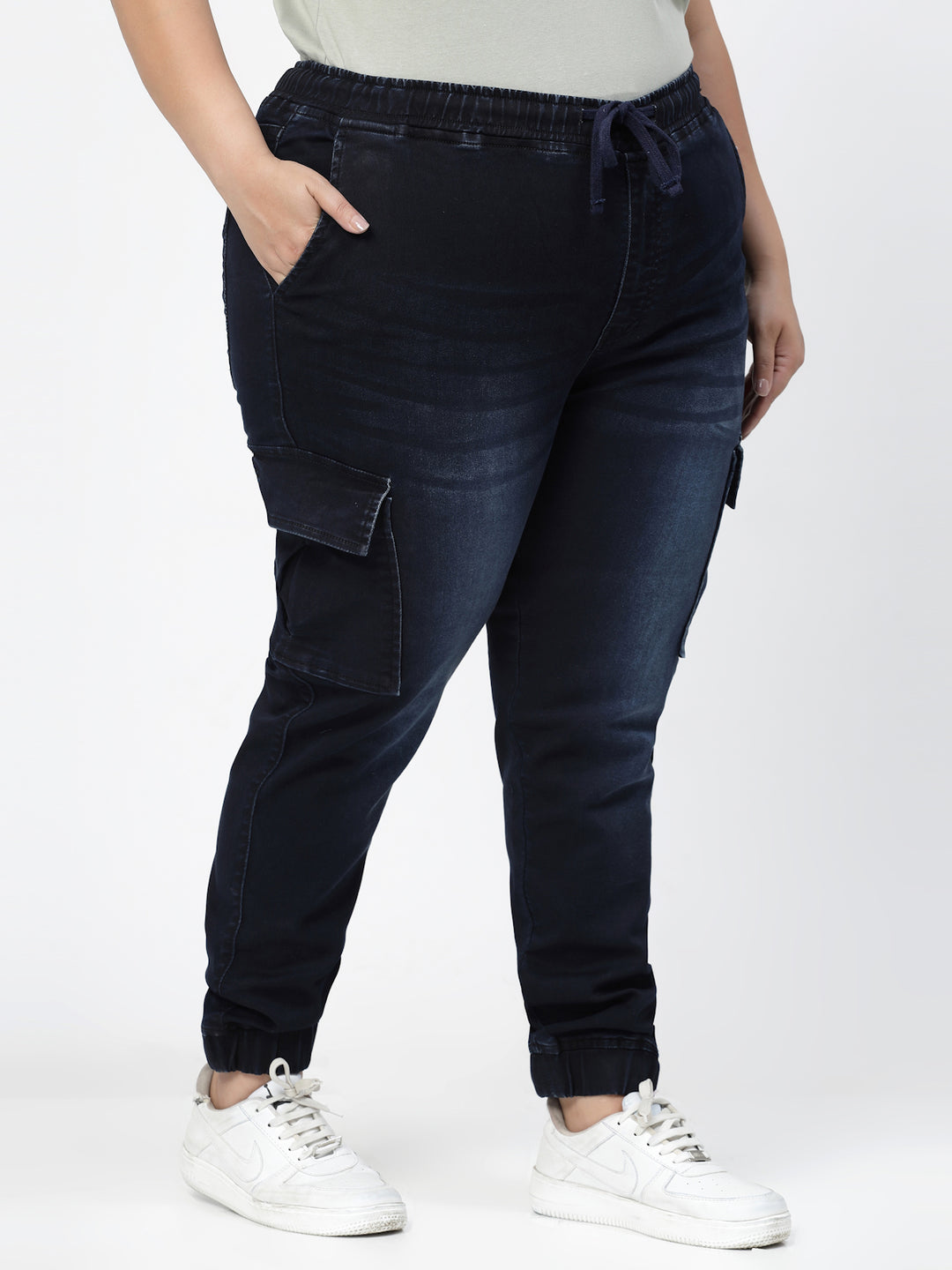 Plus Size Women Jogger Light Fade Stretchable Cargo Jeans