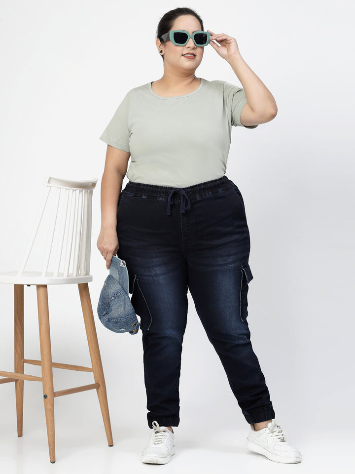 Plus Size Women Jogger Light Fade Stretchable Cargo Jeans