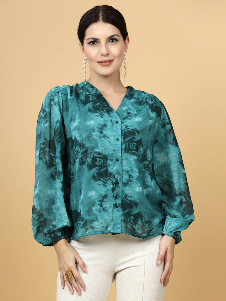 Floral Print Puff Sleeve Shirt Style Top