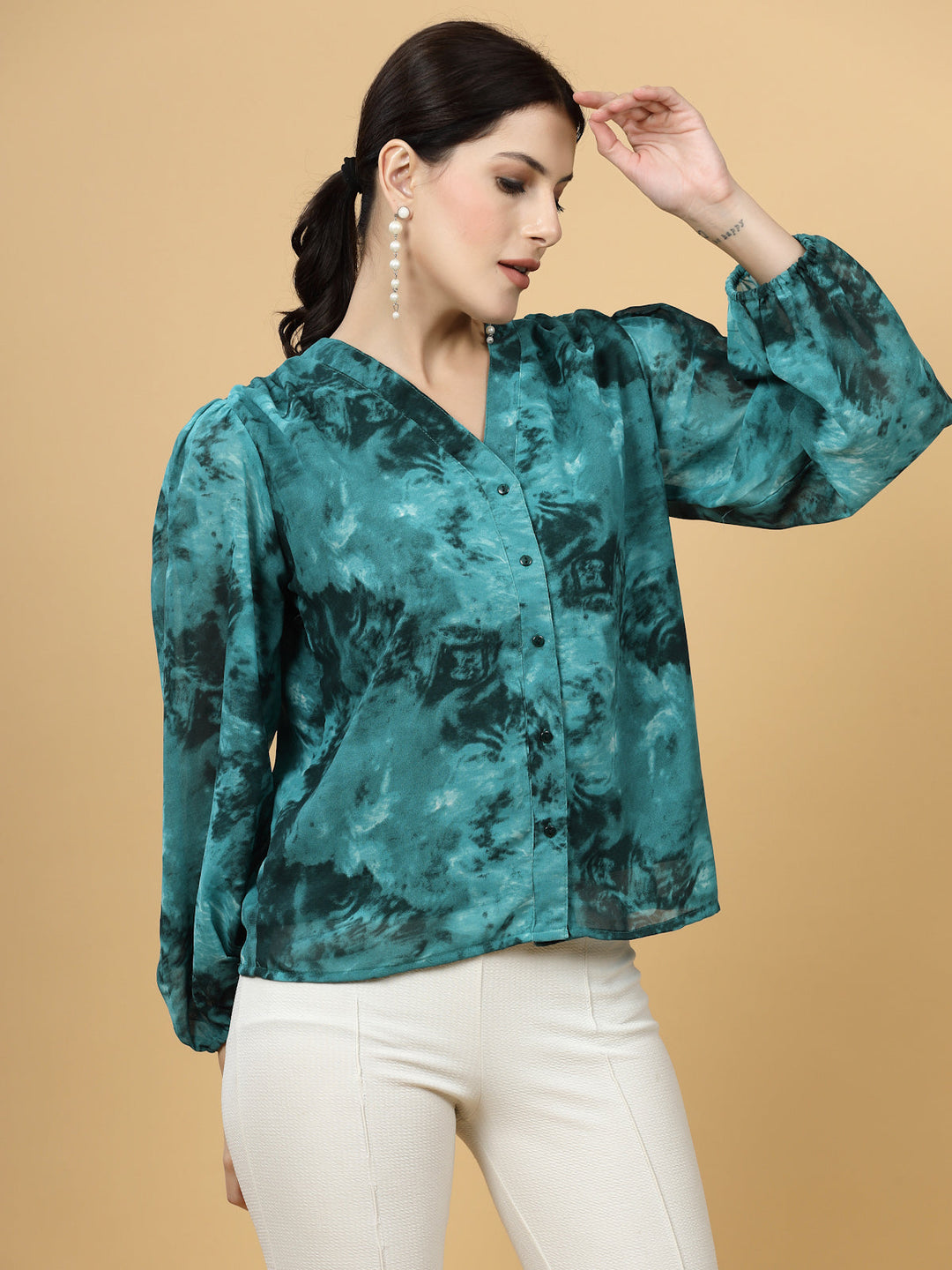 Floral Print Puff Sleeve Shirt Style Top