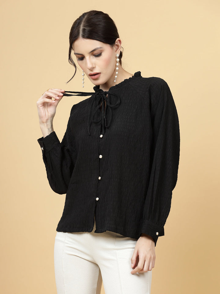 Self Design Tie-Up Neck Cuffed Sleeves A-Line Top