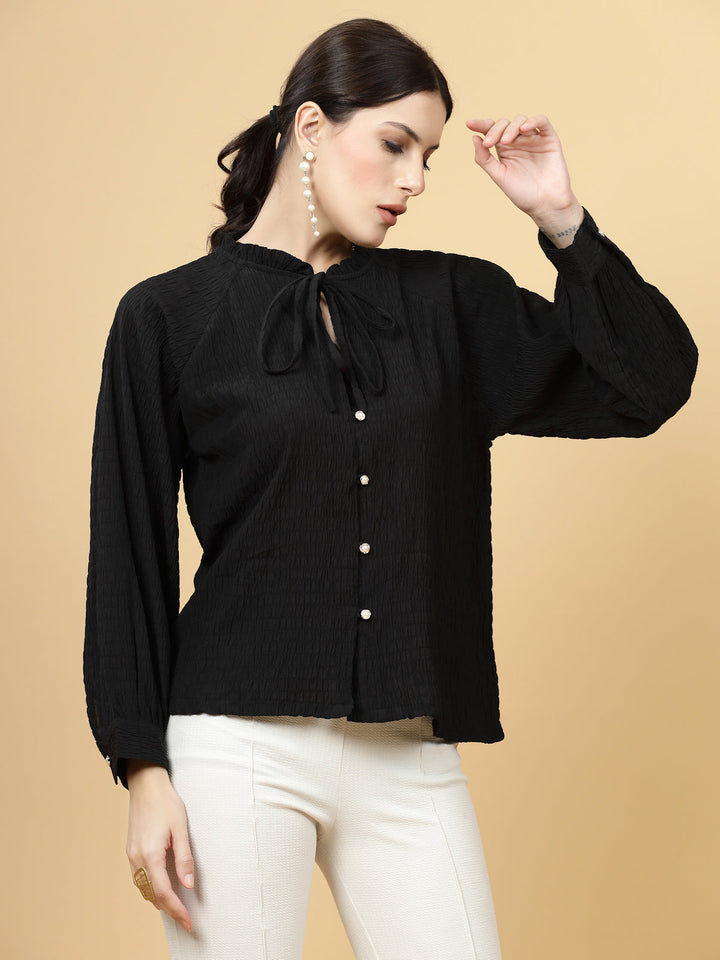 Self Design Tie-Up Neck Cuffed Sleeves A-Line Top