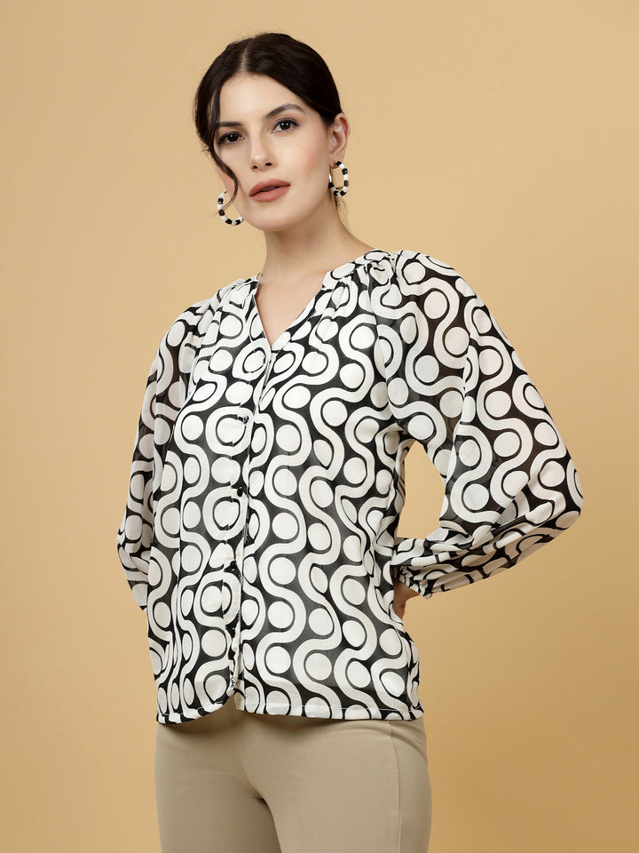 Geometric Print Mandarin Collar Top