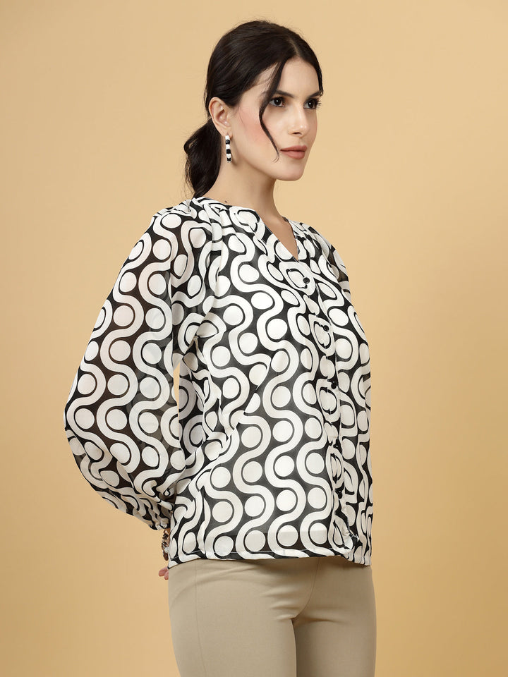 Geometric Print Mandarin Collar Top