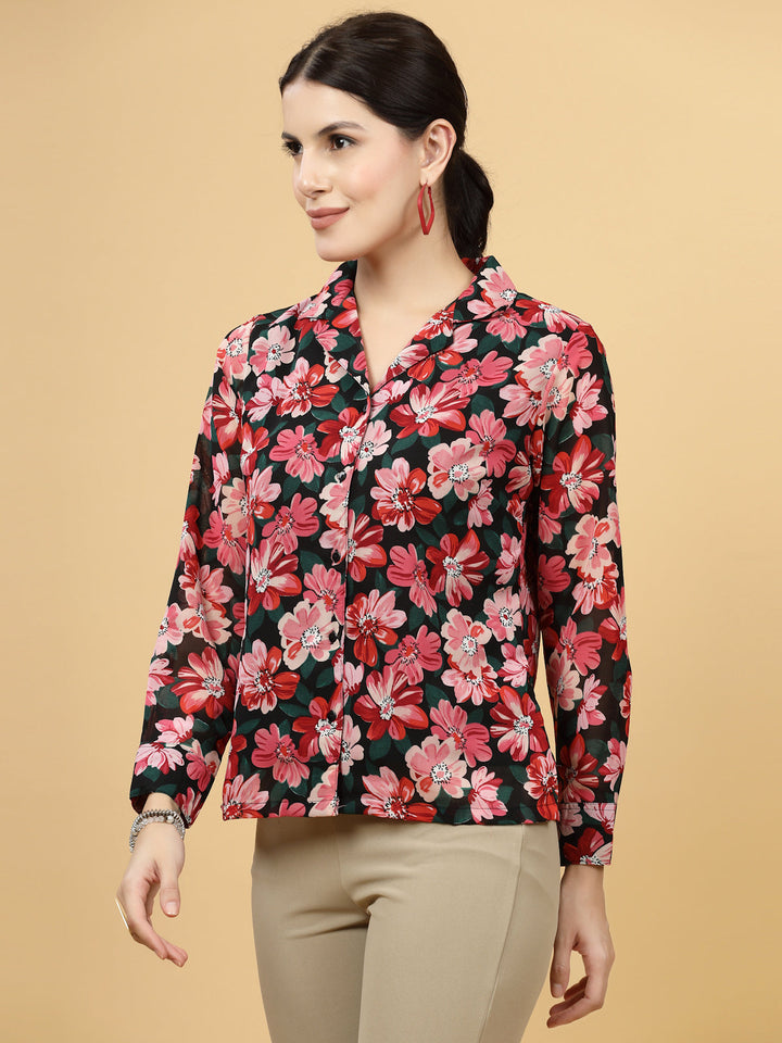 Black Floral Printed Spread Collar Casual Shirt