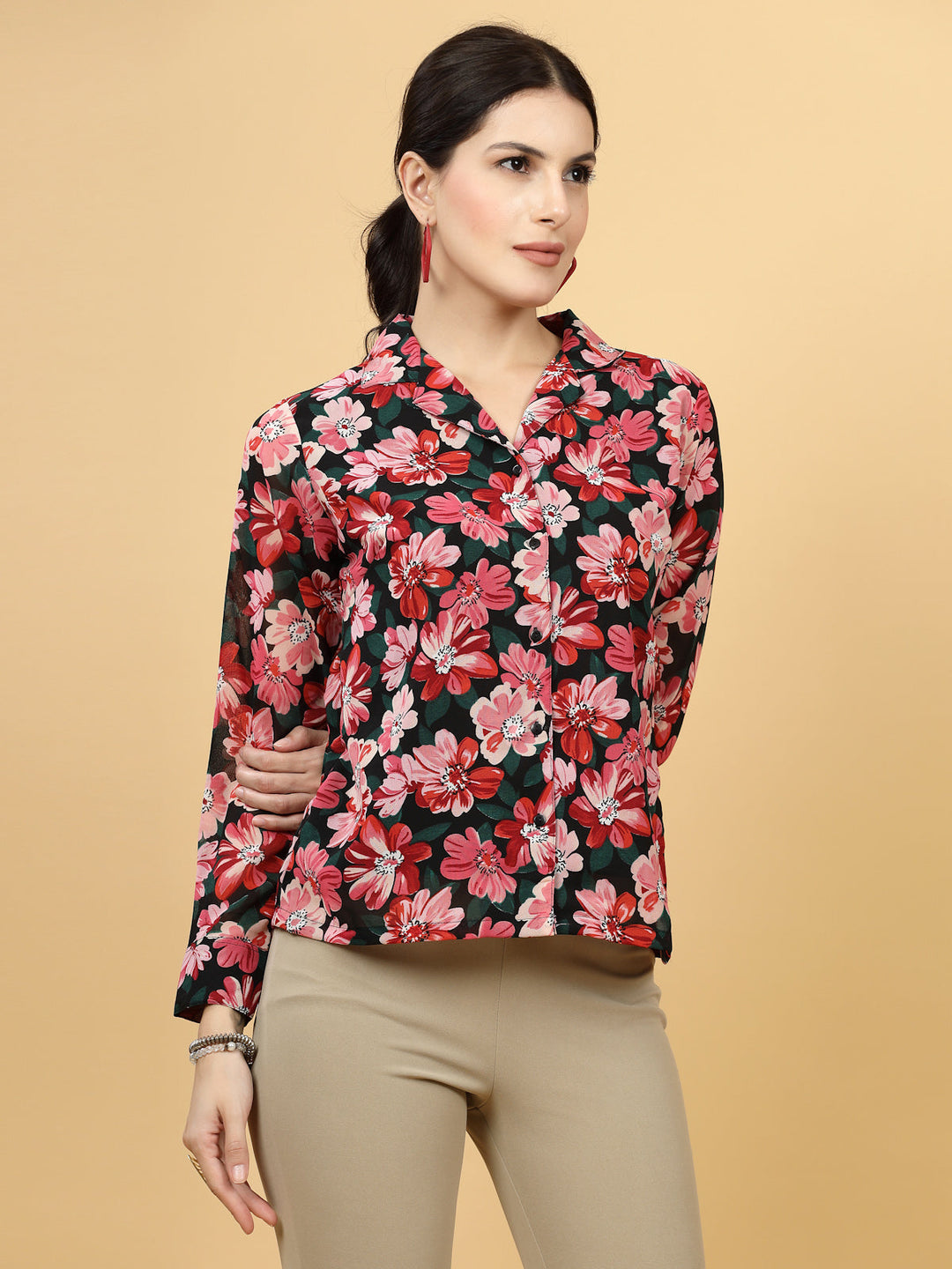 Black Floral Printed Spread Collar Casual Shirt