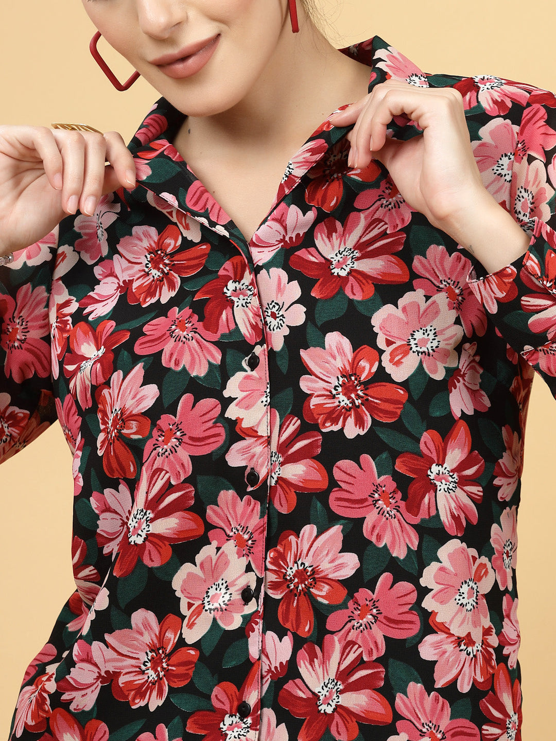 Black Floral Printed Spread Collar Casual Shirt