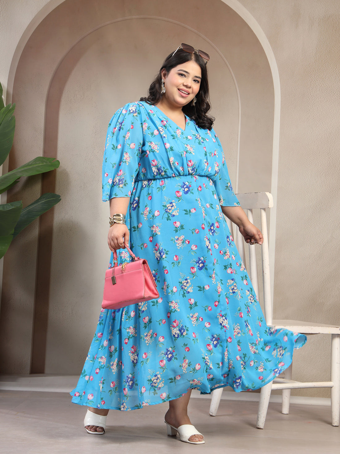 Plus Size Floral Print Flared Sleeve Fit & Flare Maxi Dress