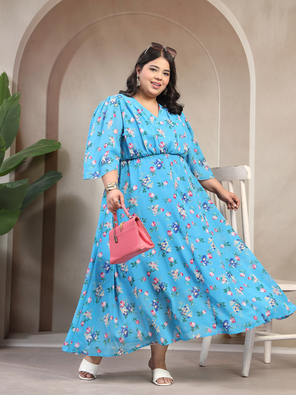Plus Size Floral Print Flared Sleeve Fit & Flare Maxi Dress