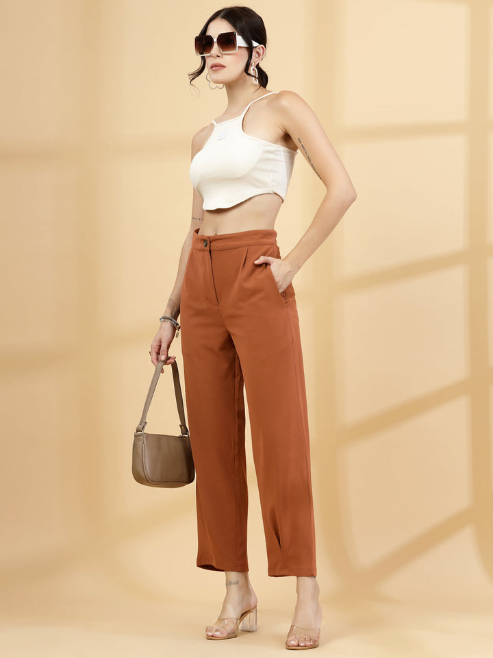 Women Rust Regular Fit Mid-Rise Parallel Trousers