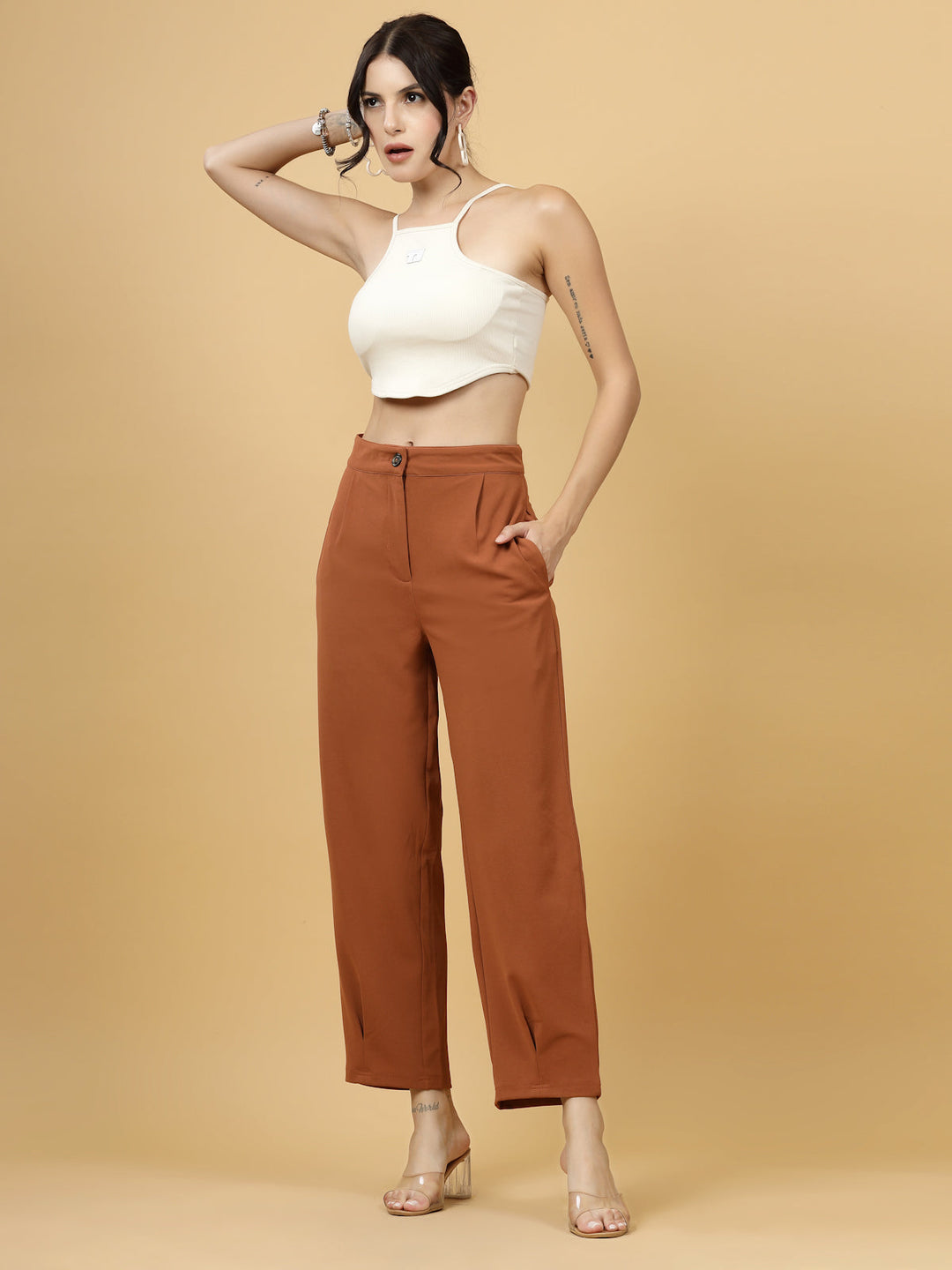 Women Rust Regular Fit Mid-Rise Parallel Trousers