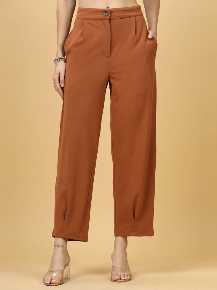 Women Rust Regular Fit Mid-Rise Parallel Trousers