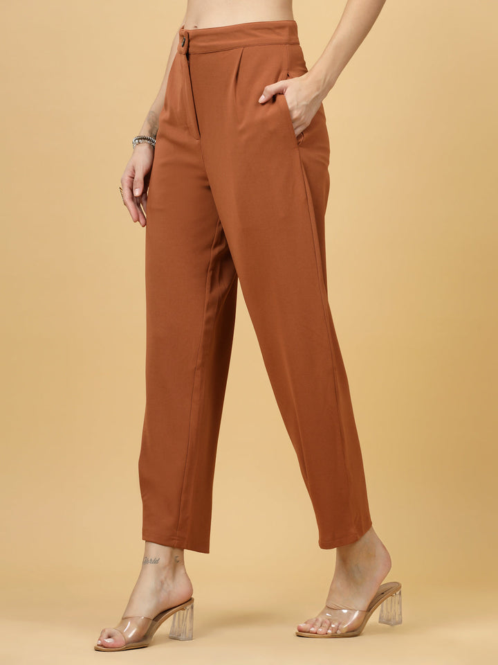 Women Rust Regular Fit Mid-Rise Parallel Trousers